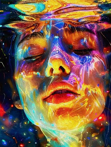 Levendig onderwater vrouwelijk portret - kleurrijk surrealistisch olieverfschilderij met gloeiend abstract detail