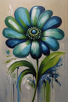 Fleur abstraite bleue avec feuilles vertes sur De Muurdecoratie