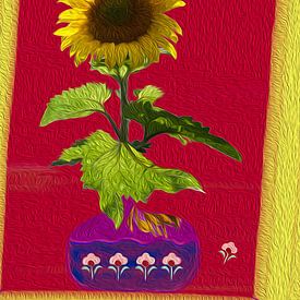 Zonnebloem in rood vlak en paarse vaas van Susan Hol