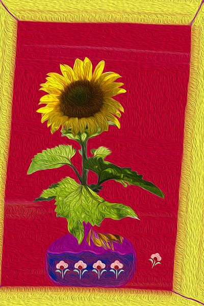 Sonnenblume in rotem Flugzeug und lila Vase von Susan Hol
