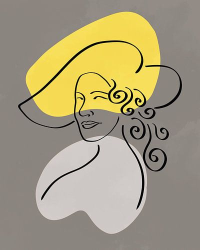 Lijntekening van een vrouw met hoed met twee organische vormen in geel en grijs