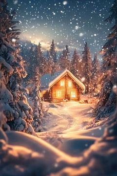 Winter hut nacht van Poster Art Shop