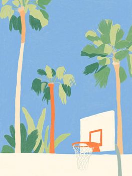 Palmbomen, ' & ', basketbalveld, illustratie van de kust