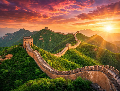 Great Wall of China at Sunset Sunset Landscape