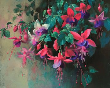 Bloeiende Fuchsia | Fuchsia Bloemenschilderij van Blikvanger Schilderijen