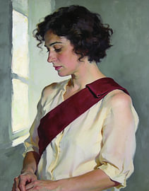 Frauenporträt mit Locken und bordeauxrotem Band von OEVER.ART