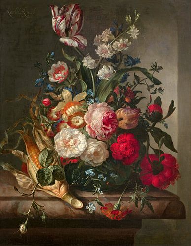 Vaas met bloemen en maïskolven in een nich, Rachel Ruysch