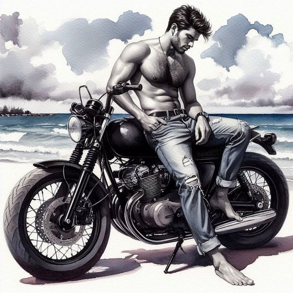 Mann mit seinem Motorrad am Strand von Bernhard Karssies
