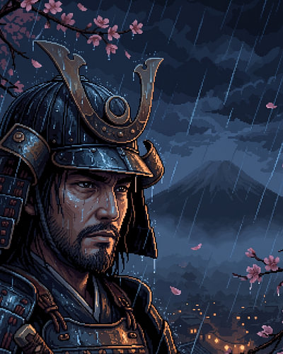 Pixel art : Un samouraï pris sous la pluie au pied du mont Fuji