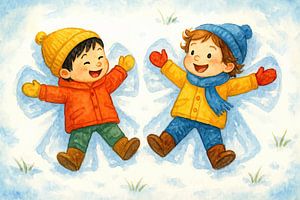 Des amis font des anges de neige (AI) (garçon, chinois, joyeux, neige, hiver, jeu, chambre d'enfant)