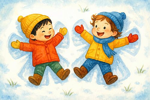 Friends make snow angels (AI) (boy, Chinese, cheerful, snow, winter, play, nursery)