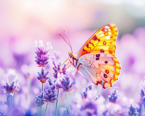 Een vlinder die in het zonlicht op lavendel rust