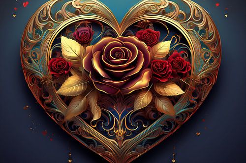 Vintage gold heart with red roses