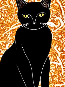 Zwarte kat met oranje decoratief patroon - digitale illustratie van Lily van Riemsdijk - Art Prints met Kleur