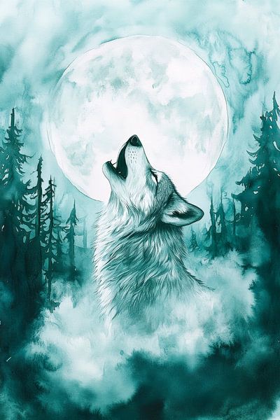 Heulender Wolf unter vollem Mond von Poster Art Shop