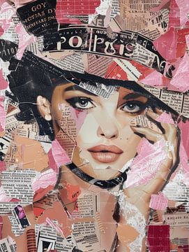 Portret in collage stijl, in roze tinten van Studio Allee