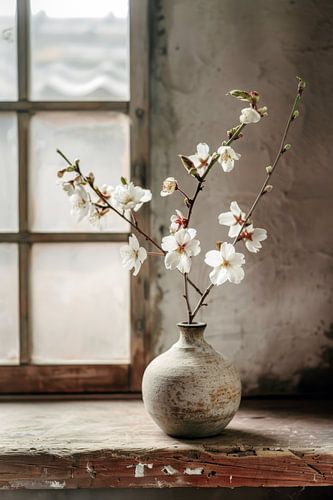Japanisches Hausstillleben mit weißen Blumen und minimalistischer Skulptur