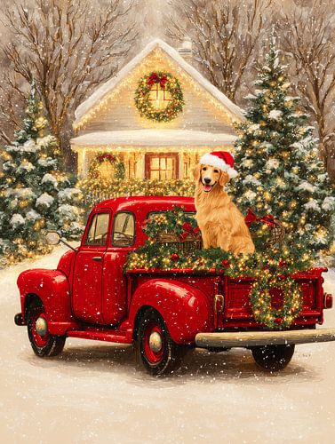 Illustration de Noël avec un camion rouge, un golden retriever et une maison illuminée dans la neige