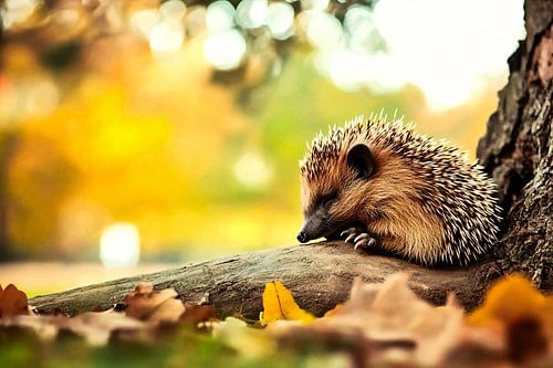 Sleeping hedgehog in autumn leaves