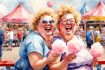 2 gezellige dames genieten van een suikerspin op de kermis van De gezellige Dames