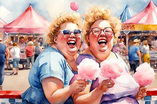2 gezellige dames genieten van een suikerspin op de kermis
