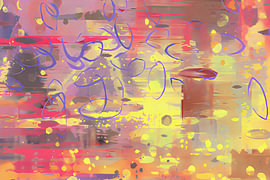 Colourful abstract photo wallpaper in shades of bright yellow, pink, purple and brown by Emiel de Lange