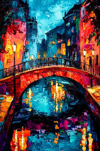 Kleurrijke gracht en brug kunst