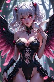 Dark Fantasy Anime Wandbild: SERAPHYNEA – Sexy Anime Engel Girl mit einer weißen Taube von INFERAURUM - Dark Fantasy Wall Art