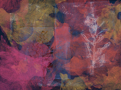 Warm, abstract botanisch motief. Herfstbladeren en grassen.