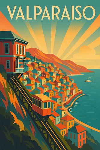 Kleurensymfonie van Valparaíso - Art Deco Heuvelzijde Poster