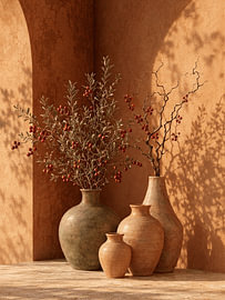 Stillleben mit mediterraner Keramik und natürlichen Zweigen im Sonnenlicht von STUDIO ARTSY
