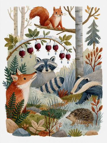 Les amis de la forêt lors du premier gel – Des animaux de la forêt parmi les cynorrhodons rouges