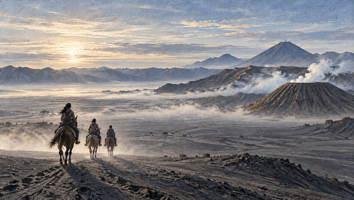 Morning Horse Riders Across the Sea of Sand, Mount Bromo, East Java, Indonesia