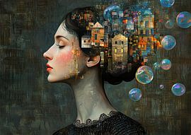 Frau und bunte Gebäude