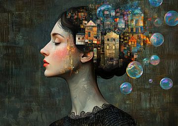 Woman and Colourful Buildings by Art Whims