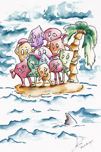 Fröhliche Sommer-Illustration - farbige Kritzelbilder auf einer Insel