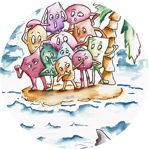 Vrolijke zomerse illustratie - gekleurde doodle karakters op een eiland