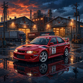 Mitsubishi Lancer Evolution VI JDM Sports Sedan Industrial Twilight Graphic Illustration by The Deeper Way