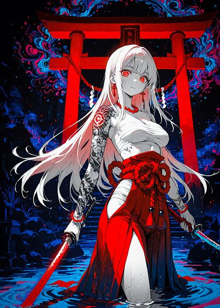 Weißes Haar Anime Samurai Mädchen Torii Tor Japan von Ruzerin