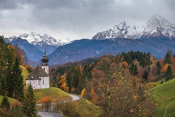 The Maria Gern pilgrimage church in Berchtesgaden and the Watzmann massif in the background by Marga Vroom