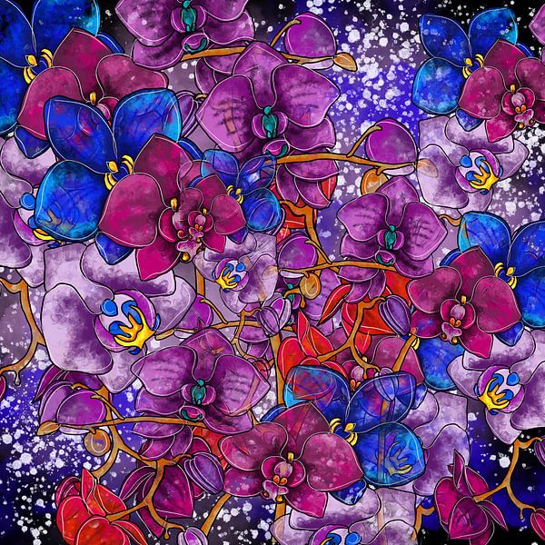 Motif de fleurs - Orchidées colorées sur fond noir par Patricia Piotrak