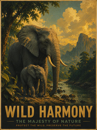 Wild Harmony Olifant – Vintage posterkunst