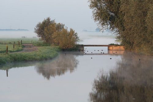 Waterpartij met bruggetje in mistig polderlandschap