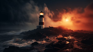 Leuchtturm bei Nacht im Nebel eines Nordseesturms mit einem mystischen Himmel