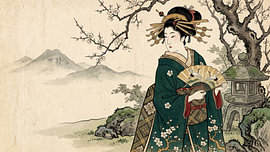 Elegante Geisha mit einem Kranichfächer in einem blühenden Berggarten von my pixel art