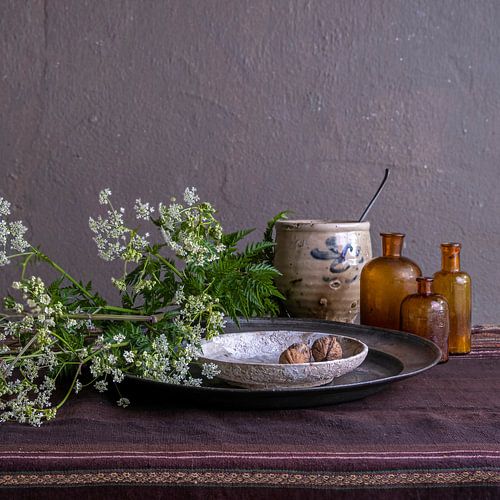Modern still life with cow parsley, pewter and pottery [square]. by Affect Fotografie
