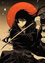 Samouraï japonais tenant un katana sous la lune rouge