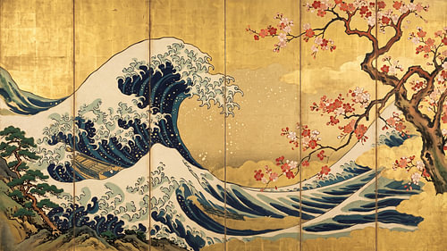 Des vagues dorées sous les fleurs de cerisier