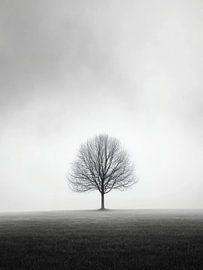 Un arbre solitaire dans une lumière monochrome brumeuse