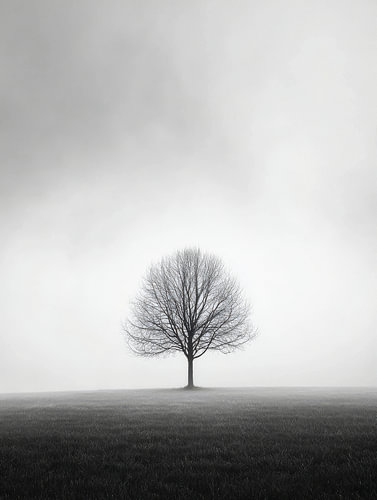 A solitary tree in misty, monochrome light